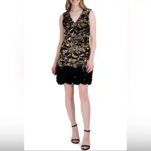Donna Ricco Black & Gold Sequins Velvet Ruffle-Hem Cocktail Sheath Dress NWT 8